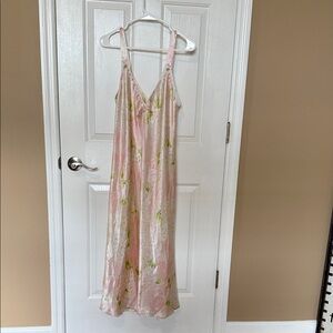 Oscar de la Renta Sleepwear Pink Floral Slip with Green Leaf Accents